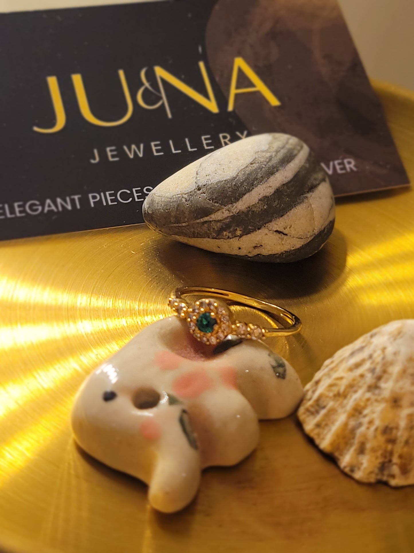 Gold Ring with Green Zircon and White Zircons | JUNA Jewellery